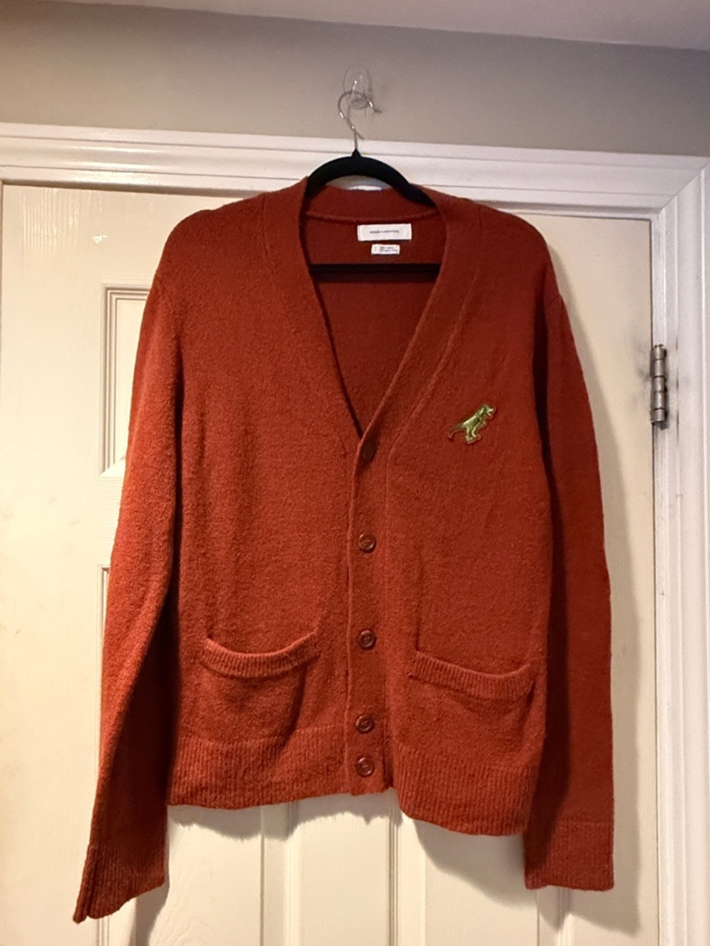 Urban Outfitters V-Neck Cardigan with Dinosaur Patch in Burnt Sienna S